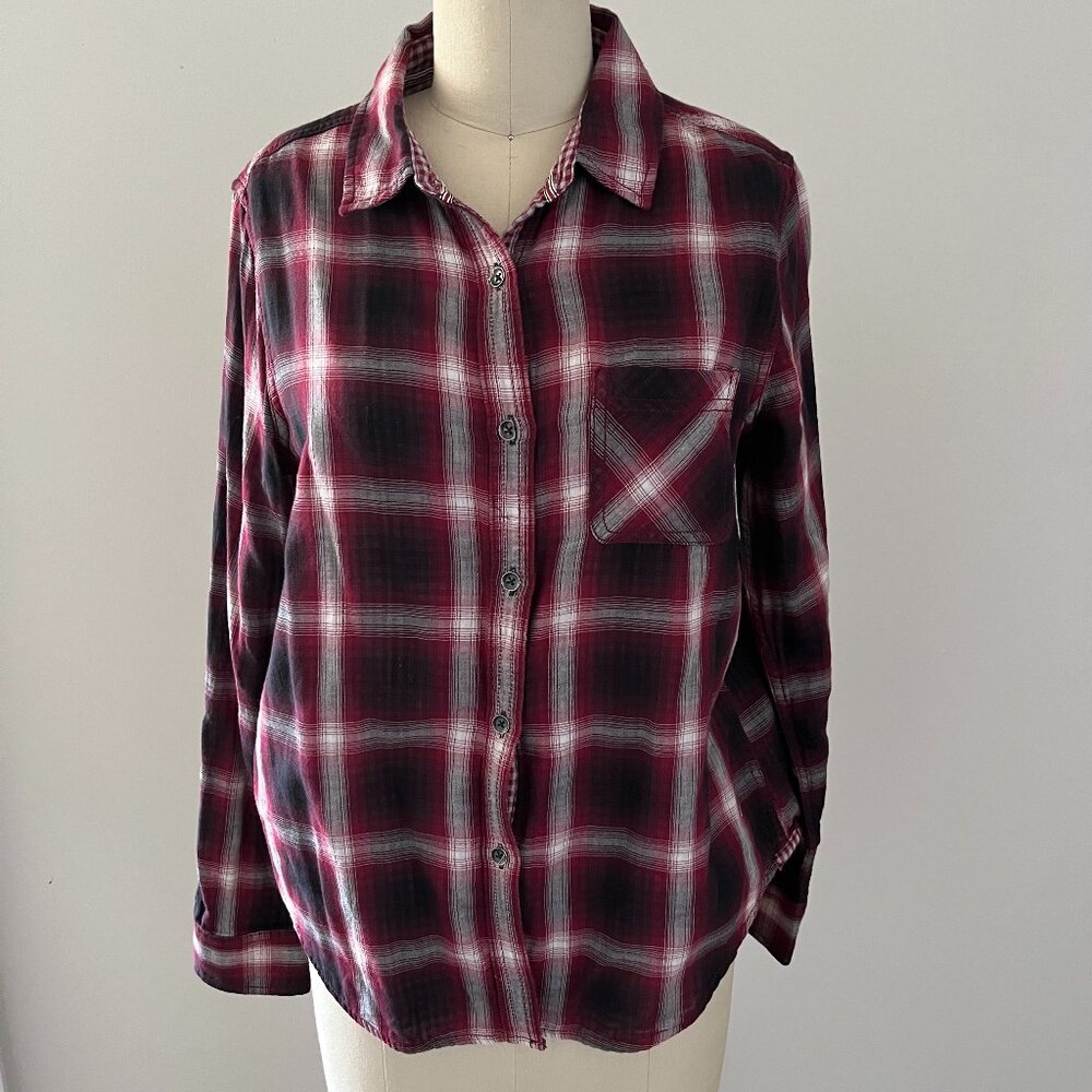 Flag & Anthem Women's Maroon Pink White Plaid Button-Up Pocket Shirt Cabincore S